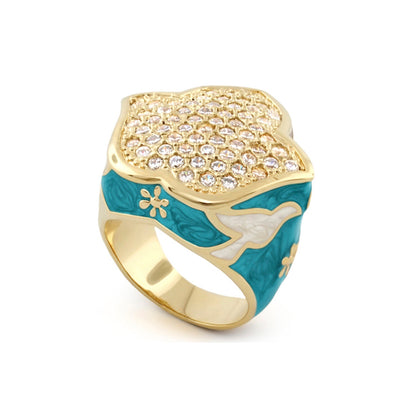 Peace and Dove Cocktail Ring by Lauren G Adams; gold-tone band, pavé top, turquoise enamel sides with a dove on Tampa Home & Garden Store