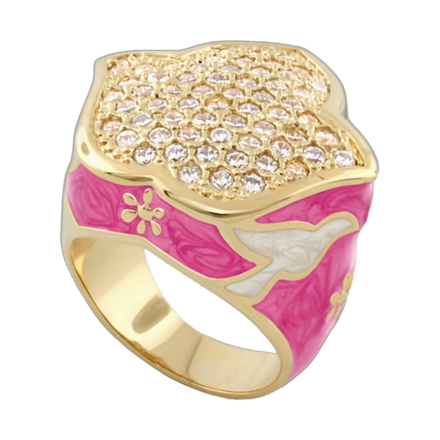 Peace and Dove cocktail ring with pink enamel pavé crystals on gold-tone band on Tampa Home & Garden Store
