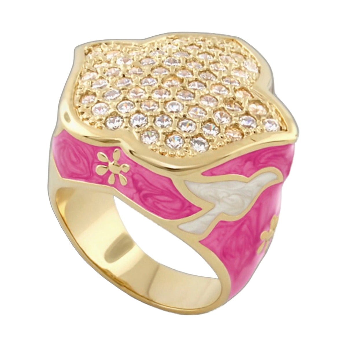 Peace and Dove cocktail ring with pink enamel pavé crystals on gold-tone band on Tampa Home & Garden Store