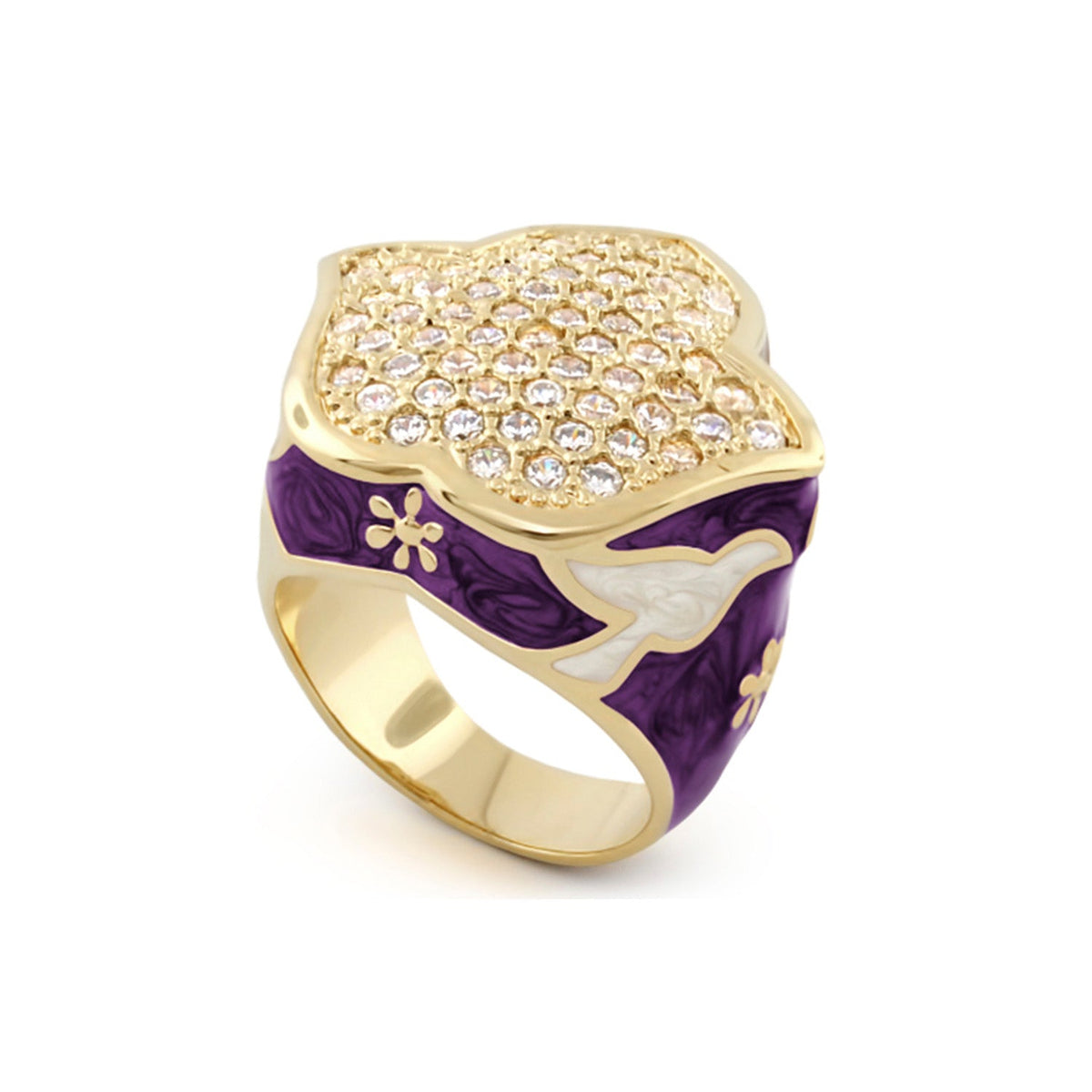 Peace and Dove Cocktail Ring by Lauren G Adams; gold-tone band with purple enamel dove motif and pavé crystal top on Tampa Home & Garden Store