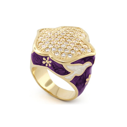 Peace and Dove Cocktail Ring by Lauren G Adams; gold-tone band with purple enamel dove motif and pavé crystal top on Tampa Home & Garden Store