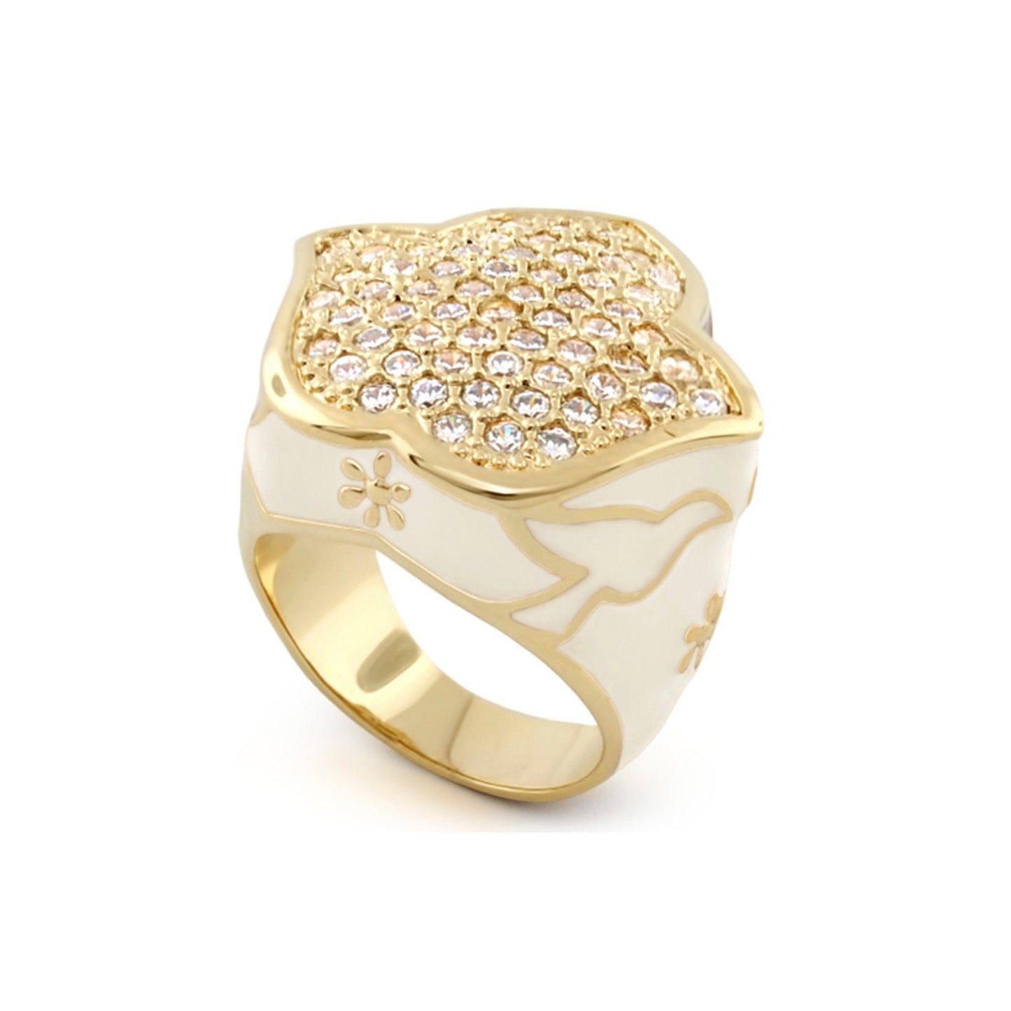 Peace and Dove Cocktail Ring gold-tone with pavé crystals and white enamel dove motif on Tampa Home & Garden Store