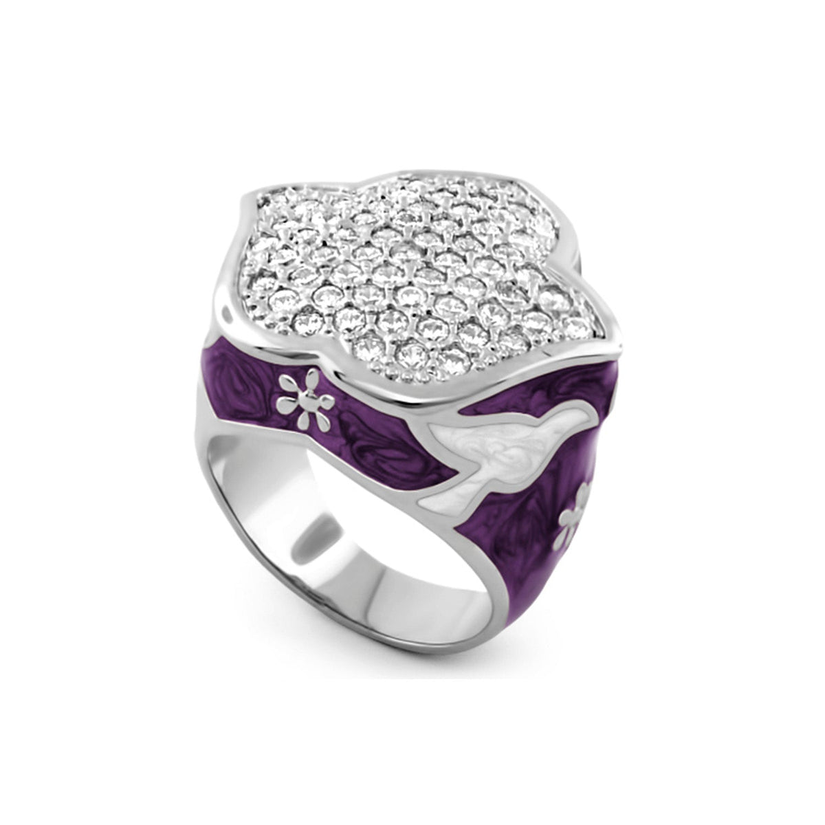 Peace and Dove cocktail ring by Lauren G Adams; pave diamonds top with purple enamel on Tampa Home & Garden Store
