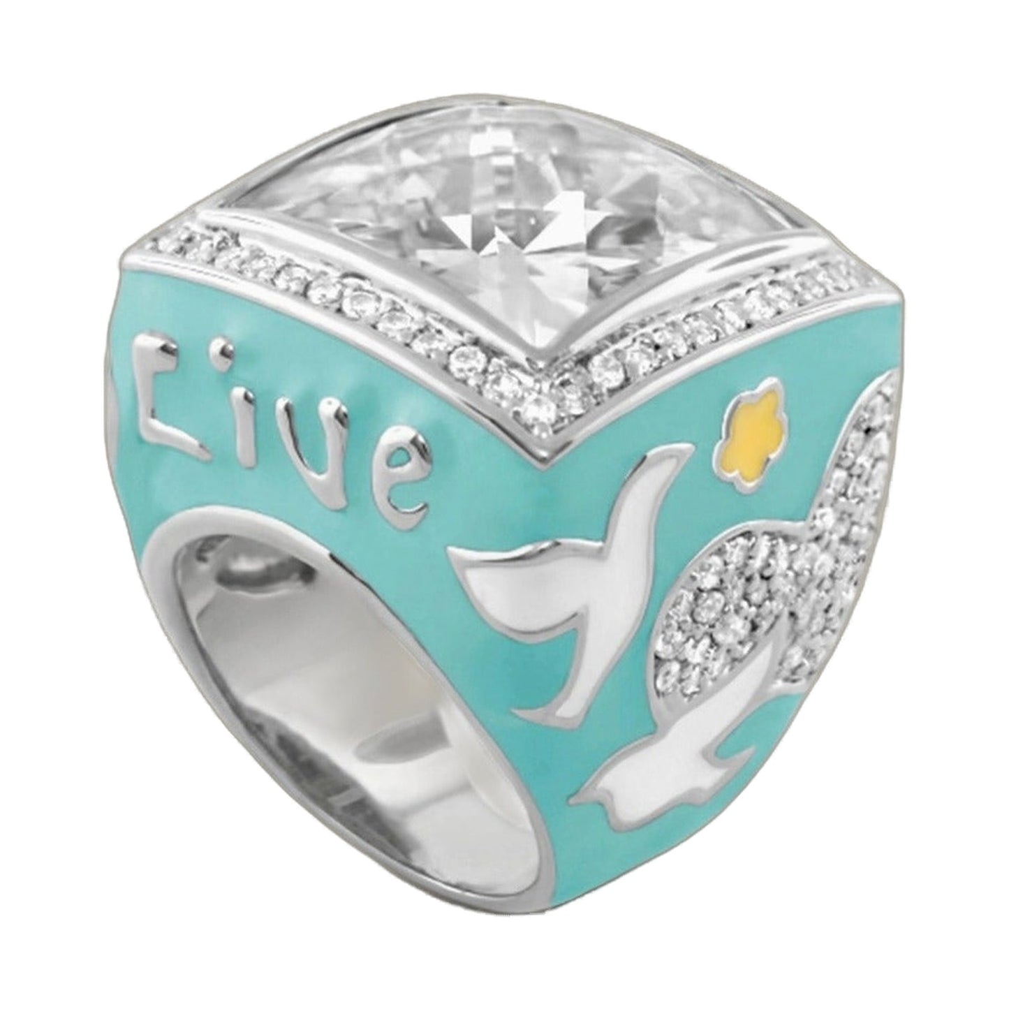Peace and Dove cocktail ring with turquoise enamel band and pave crystal accents on Tampa Home & Garden Store