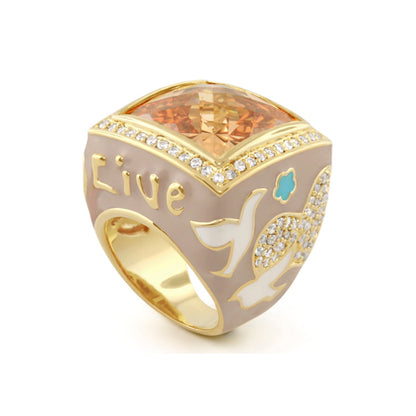 Peace and Dove Cocktail Ring by Lauren G Adams, gold-tone band with peach gemstone and dove motif on Tampa Home & Garden Store