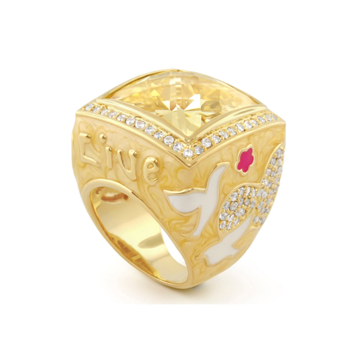 Peace and Dove Cocktail Ring by Lauren G Adams, gold-tone with large yellow gem, white dove motif and pavé crystals on Tampa Home & Garden Store