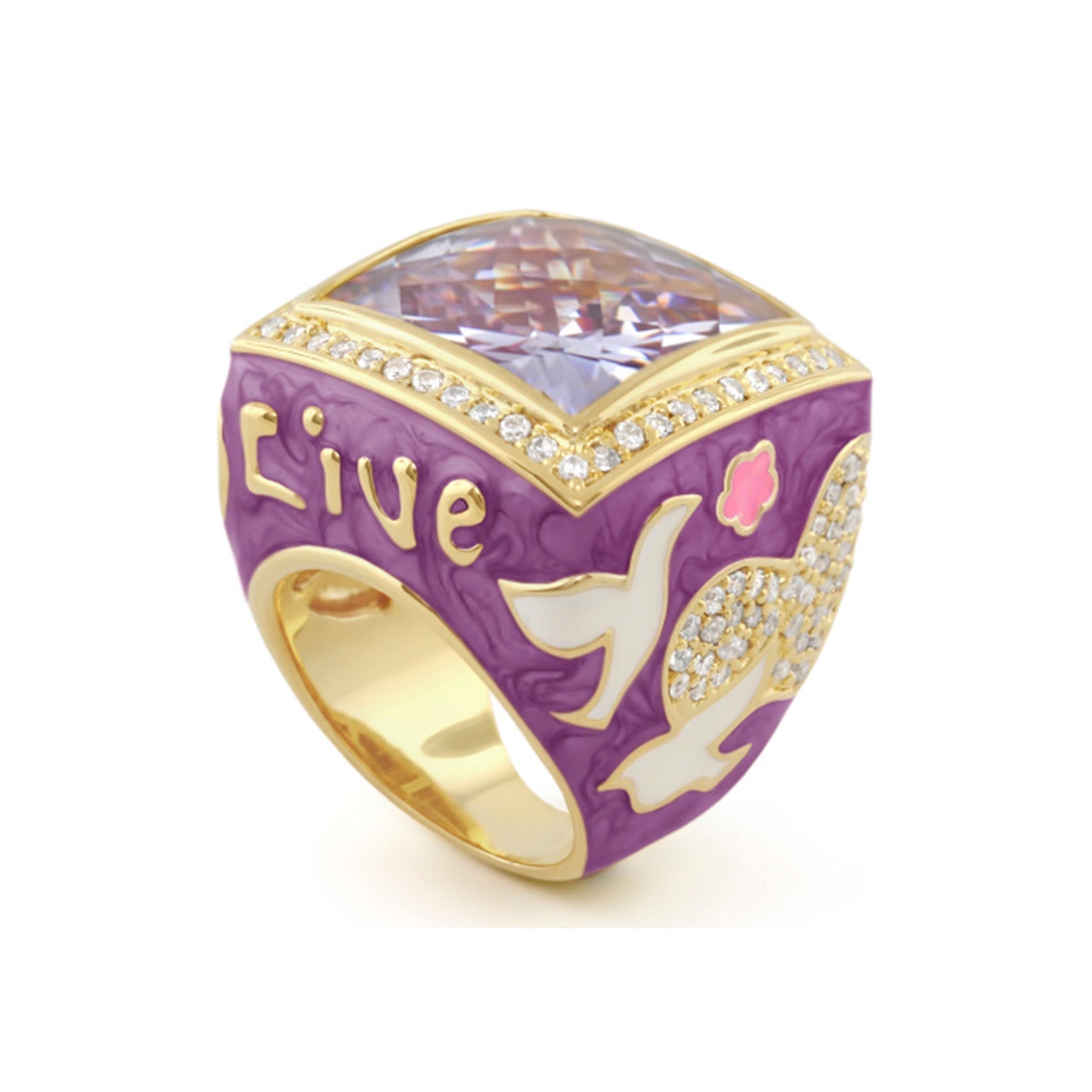Peace and Dove Cocktail Ring purple enamel with gold trim, diamonds and lavender gemstone on Tampa Home & Garden Store