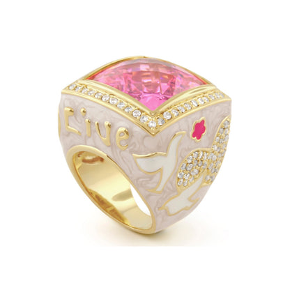 Peace and Dove Cocktail Ring pink gemstone in gold-tone band with pavé diamonds on Tampa Home & Garden Store