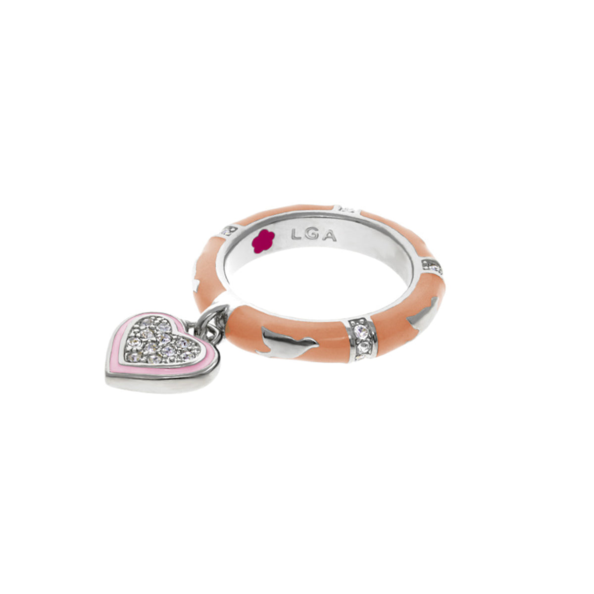 Lauren G Adams 2-stackable ring with peach-orange band and pavé heart charm, LGA inside on Tampa Home & Garden Store