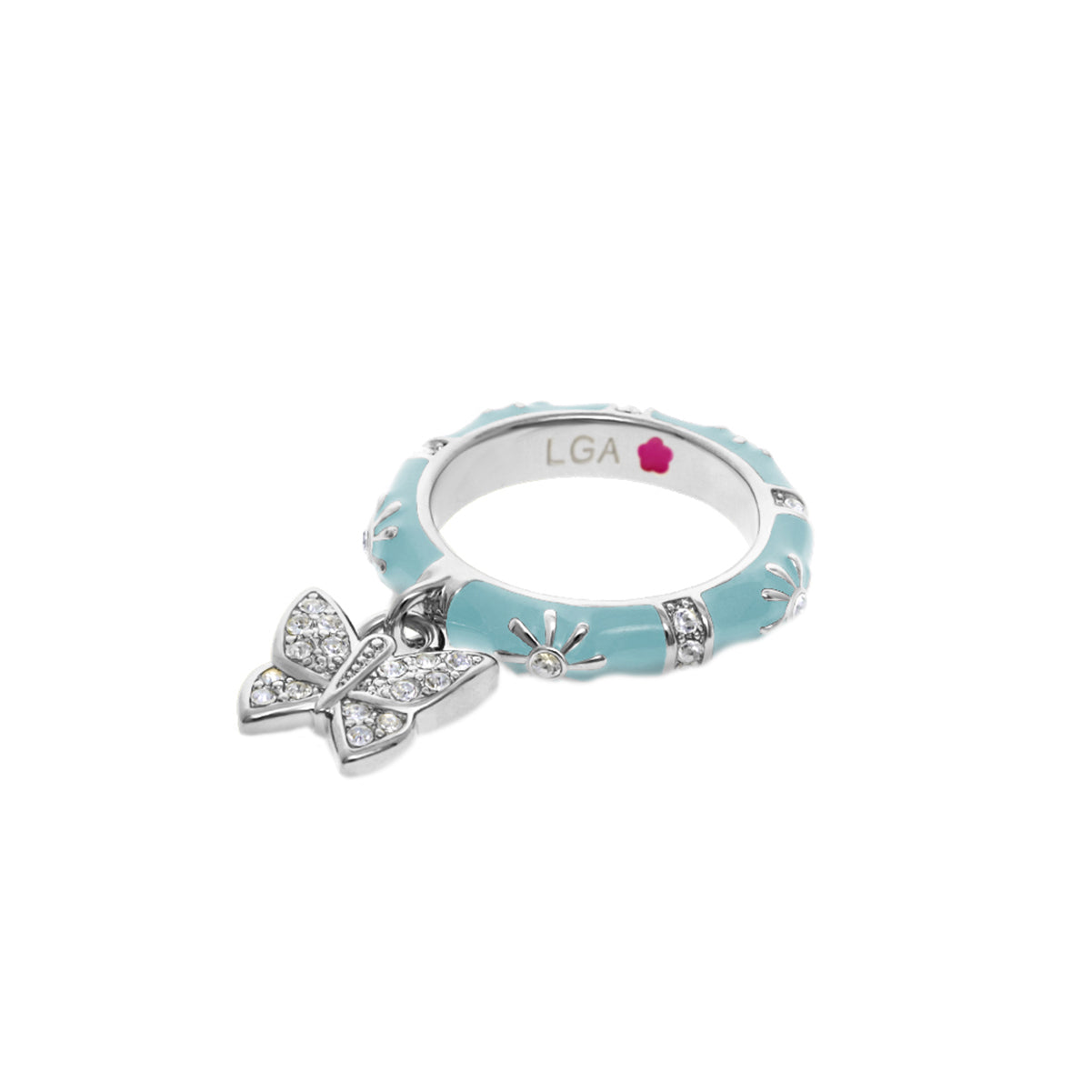 Charming 2-stackable ring by Lauren G Adams with pavé butterfly charm, turquoise enamel band on Tampa Home & Garden Store