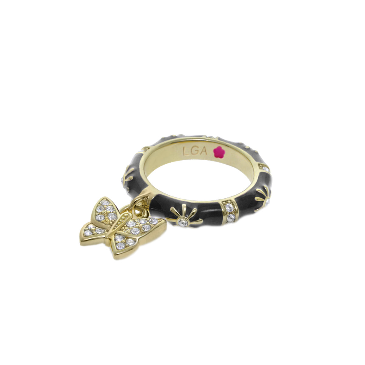 Charming 2 Stackable Ring Pavé Butterfly Charm gold-tone ring with black enamel band by LGA on Tampa Home & Garden Store