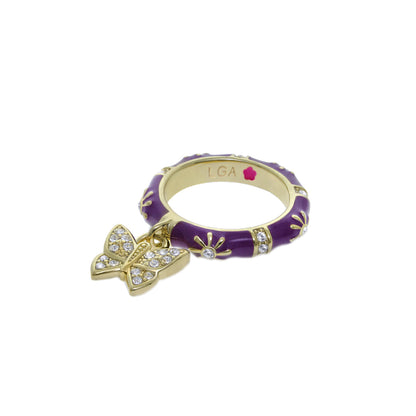 Charming 2 Stackable Ring Pavé Butterfly Charm, purple enamel, gold-tone band, crystal accents on Tampa Home & Garden Store