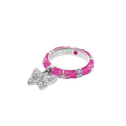 Charming 2 Stackable Ring with pavé butterfly charm in pink enamel by Lauren G Adams on Tampa Home & Garden Store