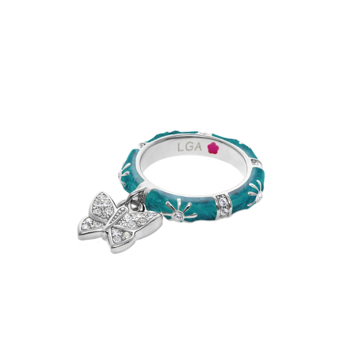 Stackable ring with teal enamel band and pavé butterfly charm by Lauren G Adams on Tampa Home & Garden Store