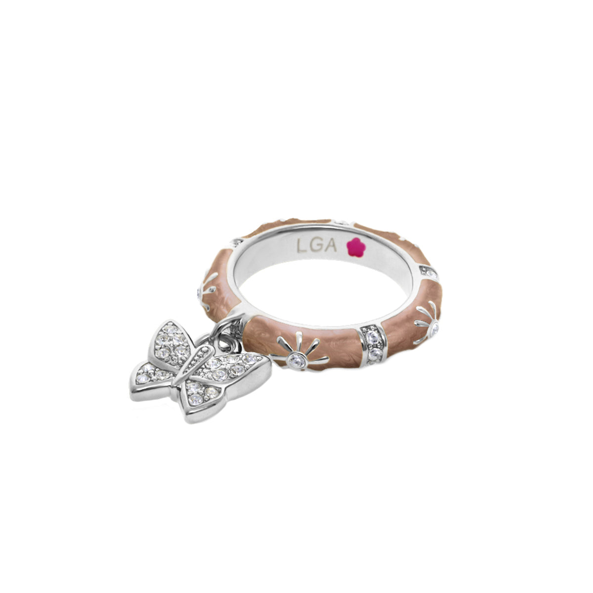Charming 2-stackable ring with pavé butterfly charm, tan textured band and crystal accents LGA on Tampa Home & Garden Store