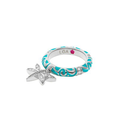 Stackable ring by Lauren G Adams with turquoise enamel cutout band and pavé dragonfly charm on Tampa Home & Garden Store