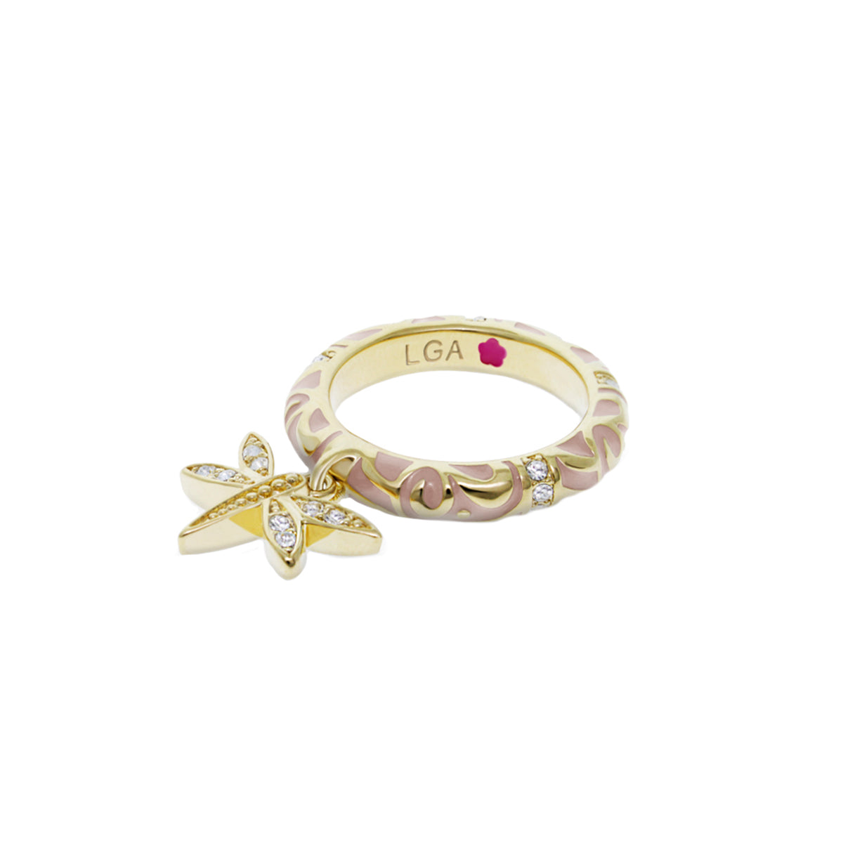 Charming 2 Stackable Ring — Pavé Dragonfly Charm, gold-tone with pink enamel, by Lauren G Adams on Tampa Home & Garden Store