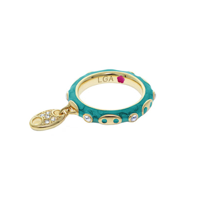 Charming 2 Stackable Ring — Piggy Charm, turquoise enamel, gold accents and crystal pendant on Tampa Home & Garden Store