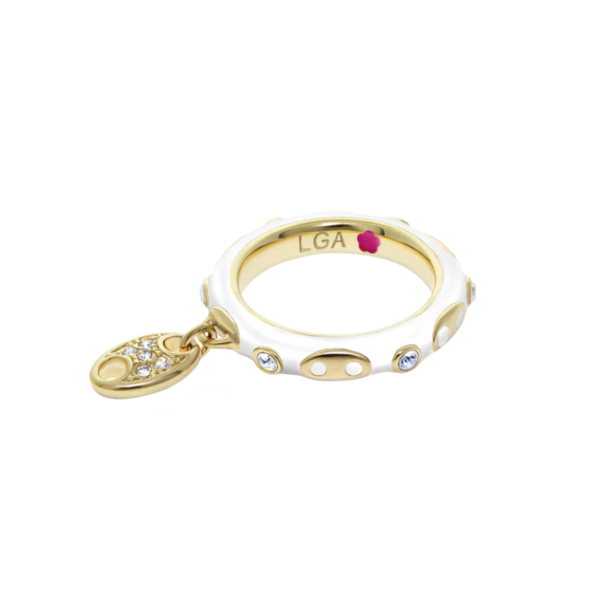 Charming 2-stack ring with piggy charm, white enamel band, gold accents, crystal pavé, LGA inside on Tampa Home & Garden Store