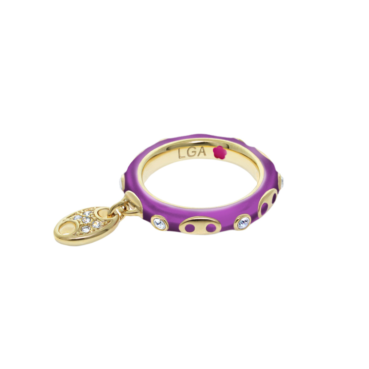 Charming 2 Stackable Ring with Piggy Charm, purple enamel gold-tone band, LGA stamp, crystals on Tampa Home & Garden Store