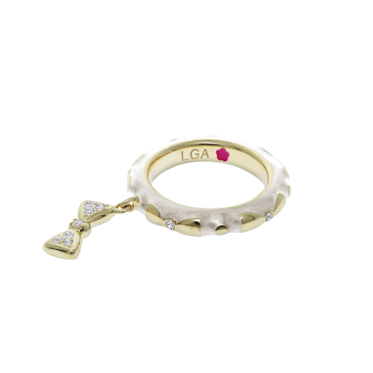 Ring Charming 2 Stackable Pavé Bow Charm by Lauren G Adams, gold and white hammered band on Tampa Home & Garden Store