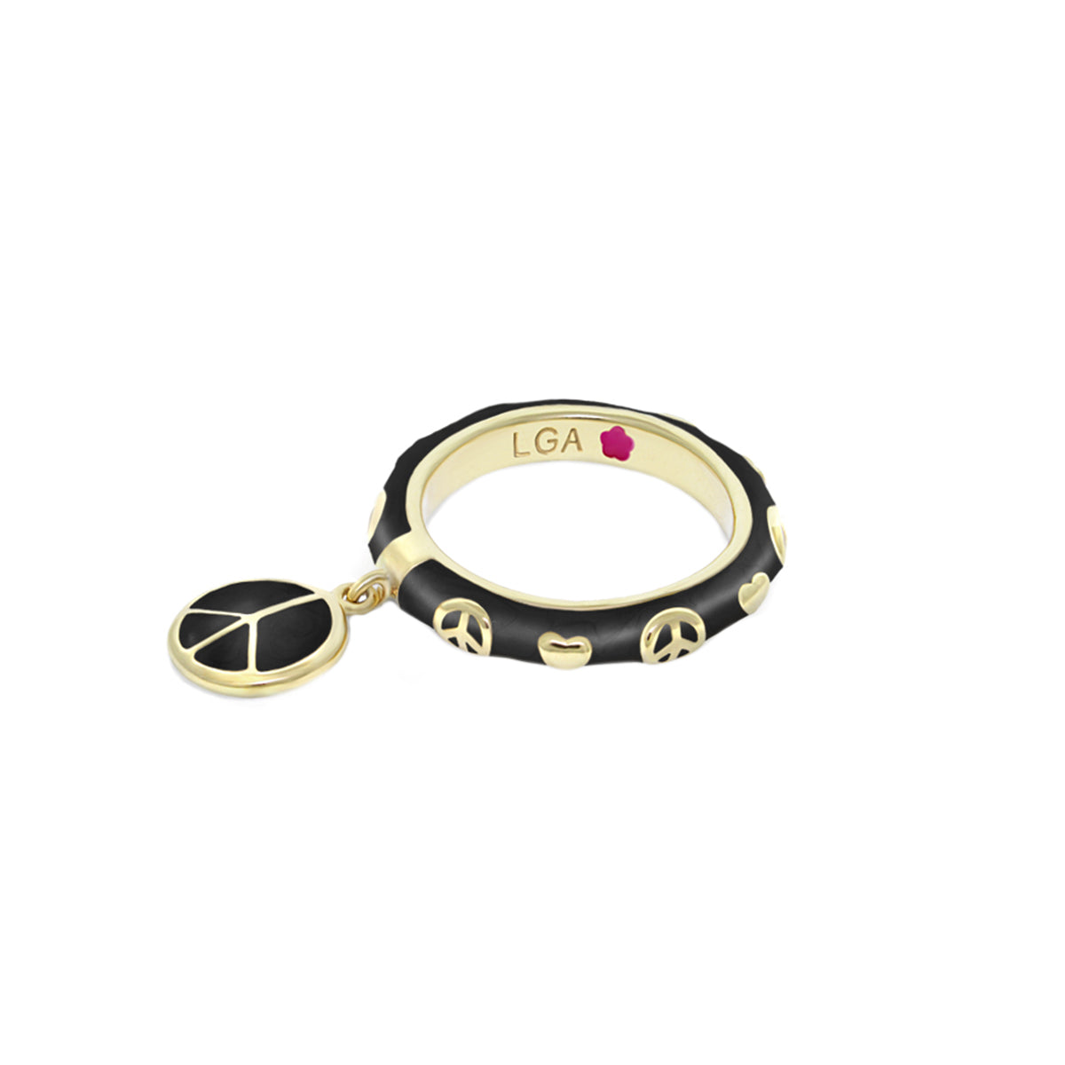 Charming 2 Stackable Ring with Peace Charm, black enamel wrap, gold-tone accents, LGA engraving on Tampa Home & Garden Store