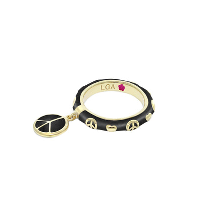 Charming 2 Stackable Ring with Peace Charm, black enamel wrap, gold-tone accents, LGA engraving on Tampa Home & Garden Store