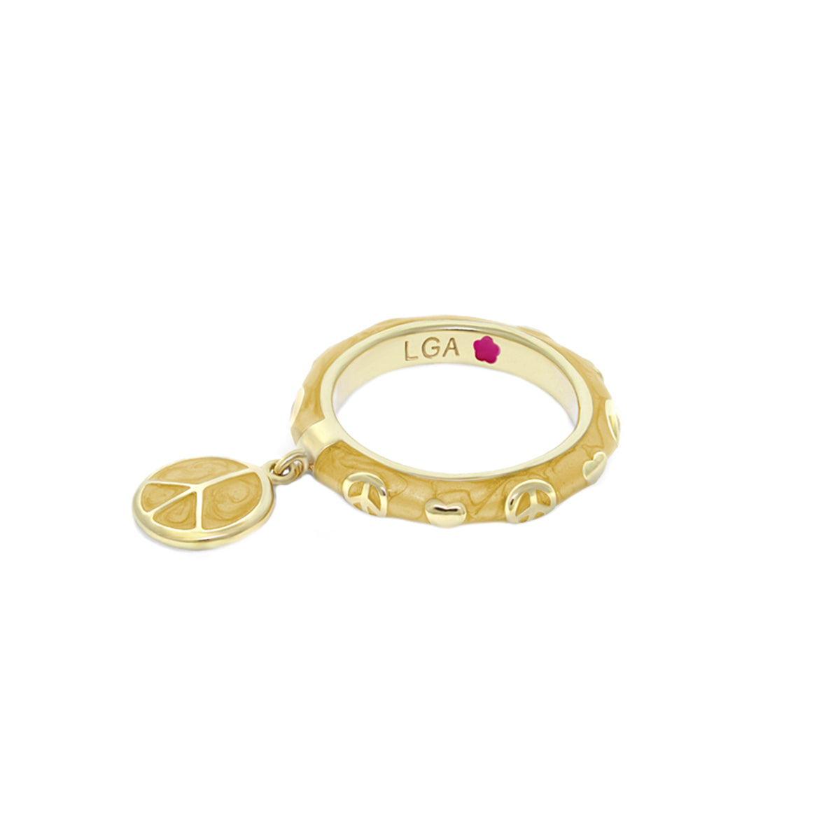 Charming 2-stack ring with peace charm disc and peace symbols, LGA engraving inside on Tampa Home & Garden Store