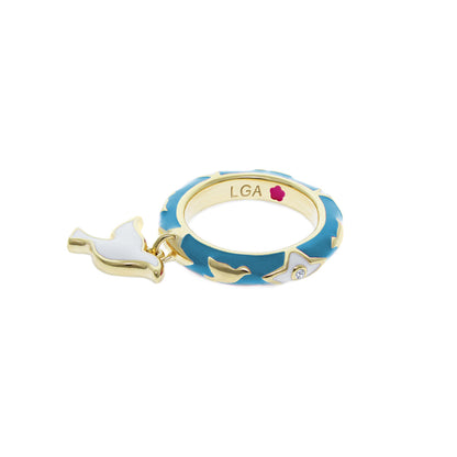 Charming 2 Stackable Ring — Dove Charm; blue enamel band with gold dove charms and LGA inner mark on Tampa Home & Garden Store