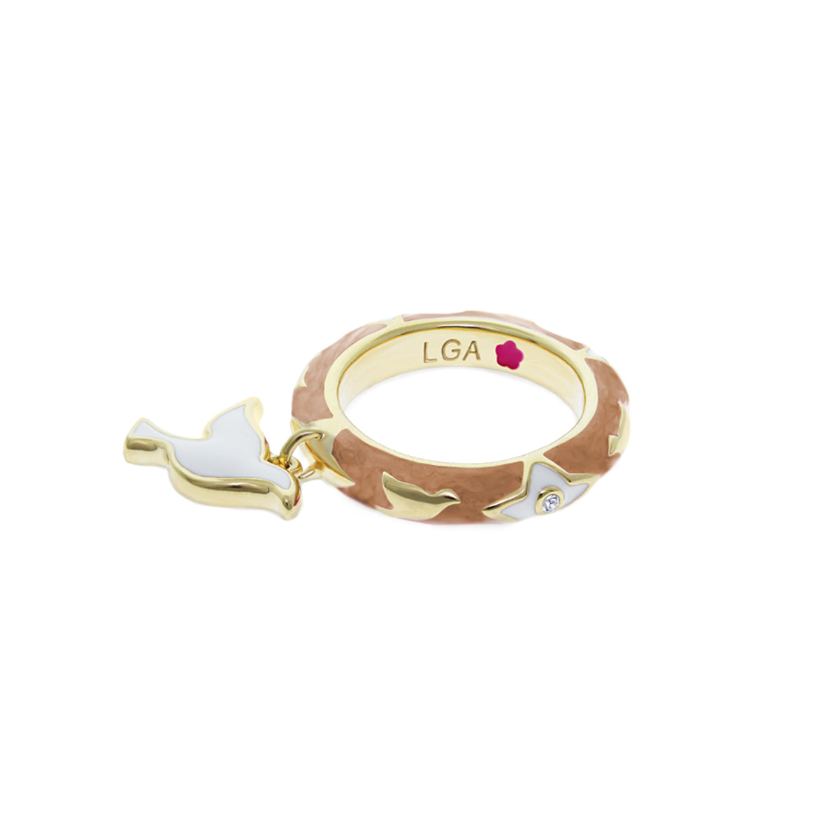 Charming 2 Stackable Ring with Dove Charm, two-tone hammered band and white enamel dove on Tampa Home & Garden Store