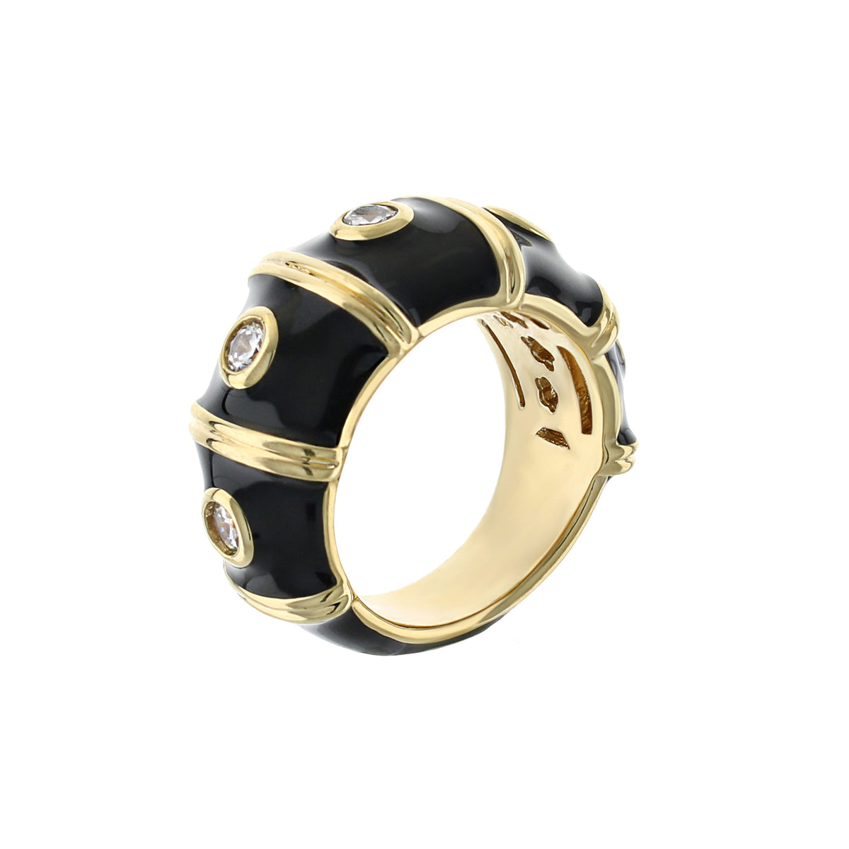 Tiny Dots Band Ring with black enamel and gold-tone bands and bezel-set clear stones on Tampa Home & Garden Store