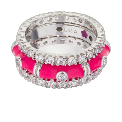 Tiny Dots Ring Set by Lauren G Adams, silver-tone stack with clear crystals and pink enamel on Tampa Home & Garden Store