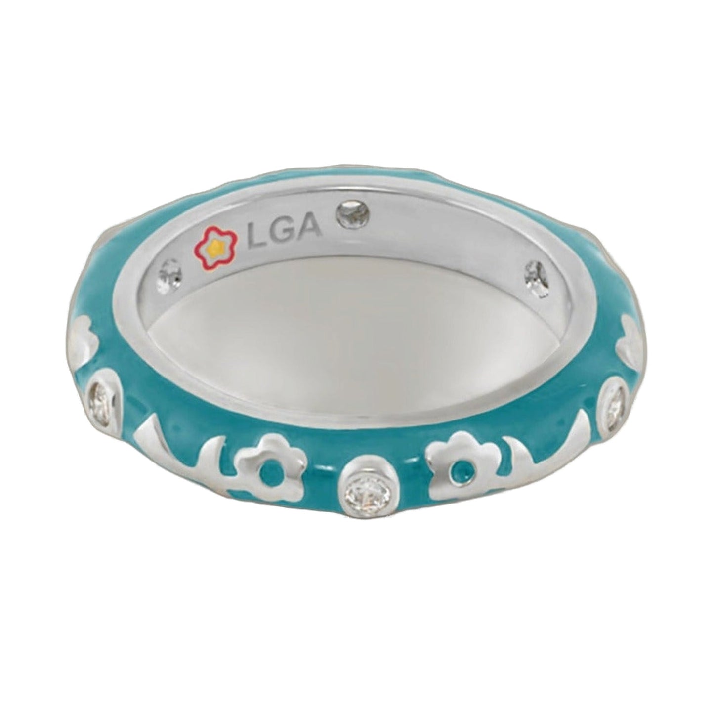 Stackable Desire Ring Flower Enamel Band turquoise with white floral reliefs LGA on Tampa Home & Garden Store