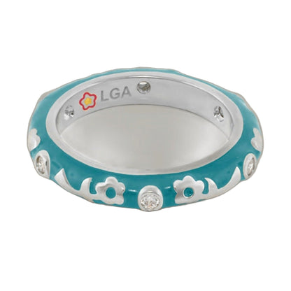 Stackable Desire Ring Flower Enamel Band turquoise ring with white floral accents crystals on Tampa Home & Garden Store