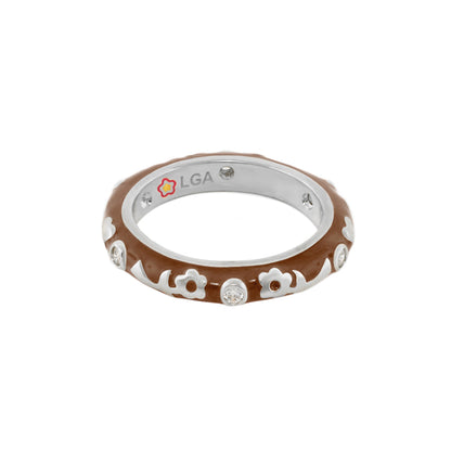 Stackable Desire Ring - Flower Enamel Band, brown enamel, white flowers, LGA on Tampa Home & Garden Store