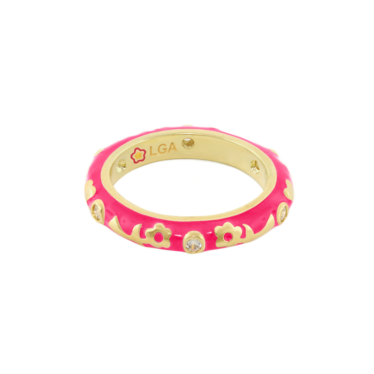 Stackable Desire Ring — Flower Enamel Band, pink with gold-tone trim and crystals; LGA engraving on Tampa Home & Garden Store
