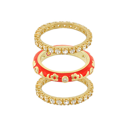 Stackable Desire set of 3 gold rings with red enamel floral band and crystals by Lauren G Adams on Tampa Home & Garden Store