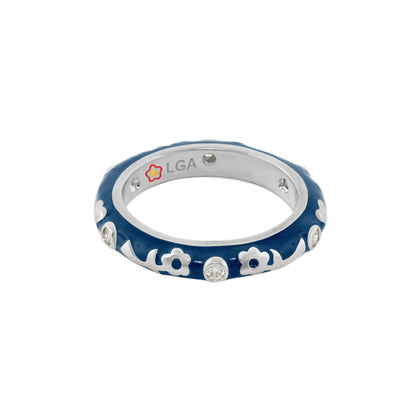 Stackable Desire Ring blue enamel ring with white floral motifs and crystal accents on Tampa Home & Garden Store