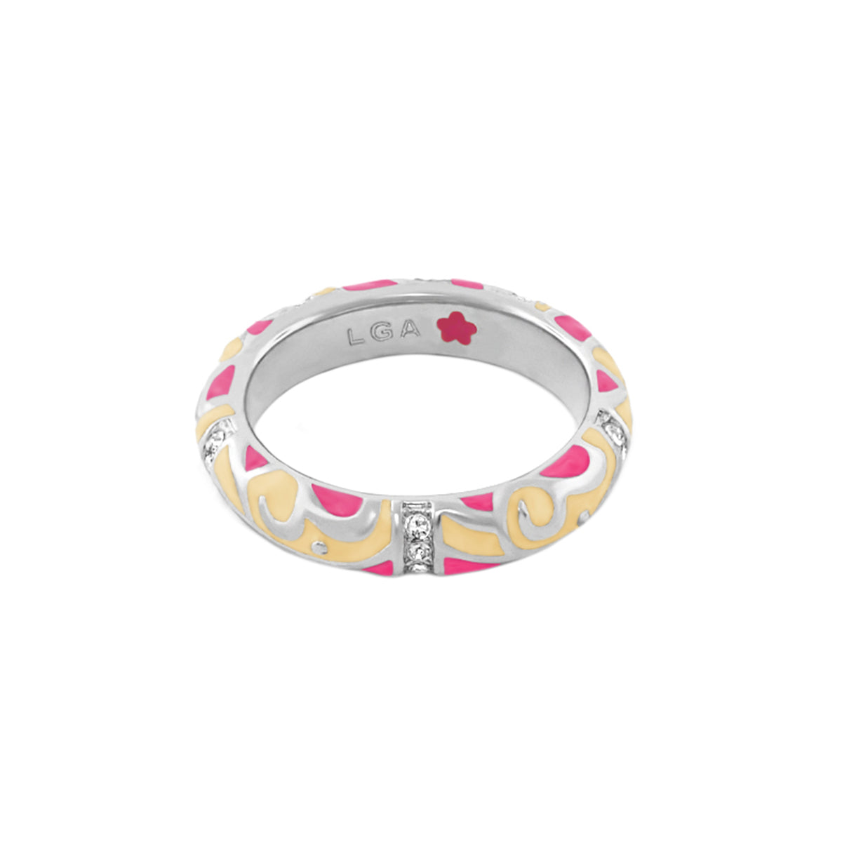 Stackable Desire Ring with scroll pavé band in silver with pink enamel accents by Lauren G Adams on Tampa Home & Garden Store