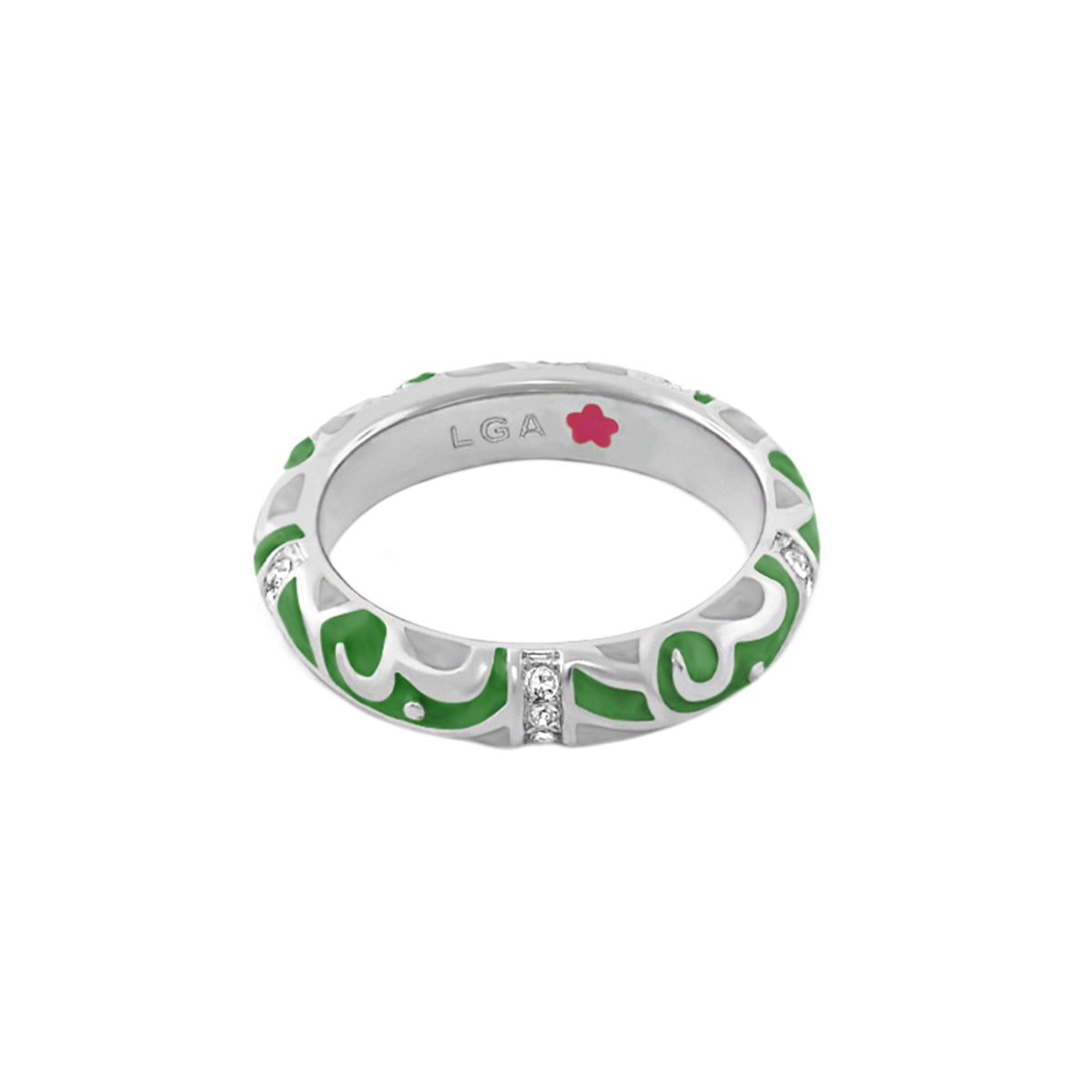 Stackable Desire Ring - Scroll Pavé Band in white metal with green enamel scrollwork LGA on Tampa Home & Garden Store