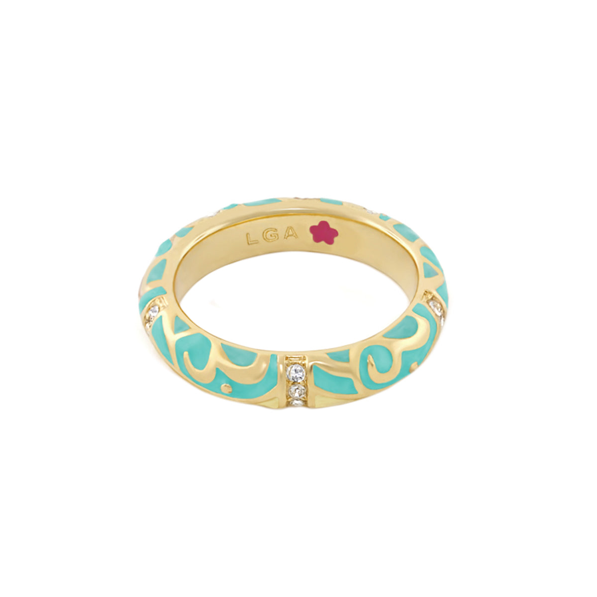 LGA Stackable Desire Ring with turquoise enamel, gold scroll pavé band, diamond accents on Tampa Home & Garden Store
