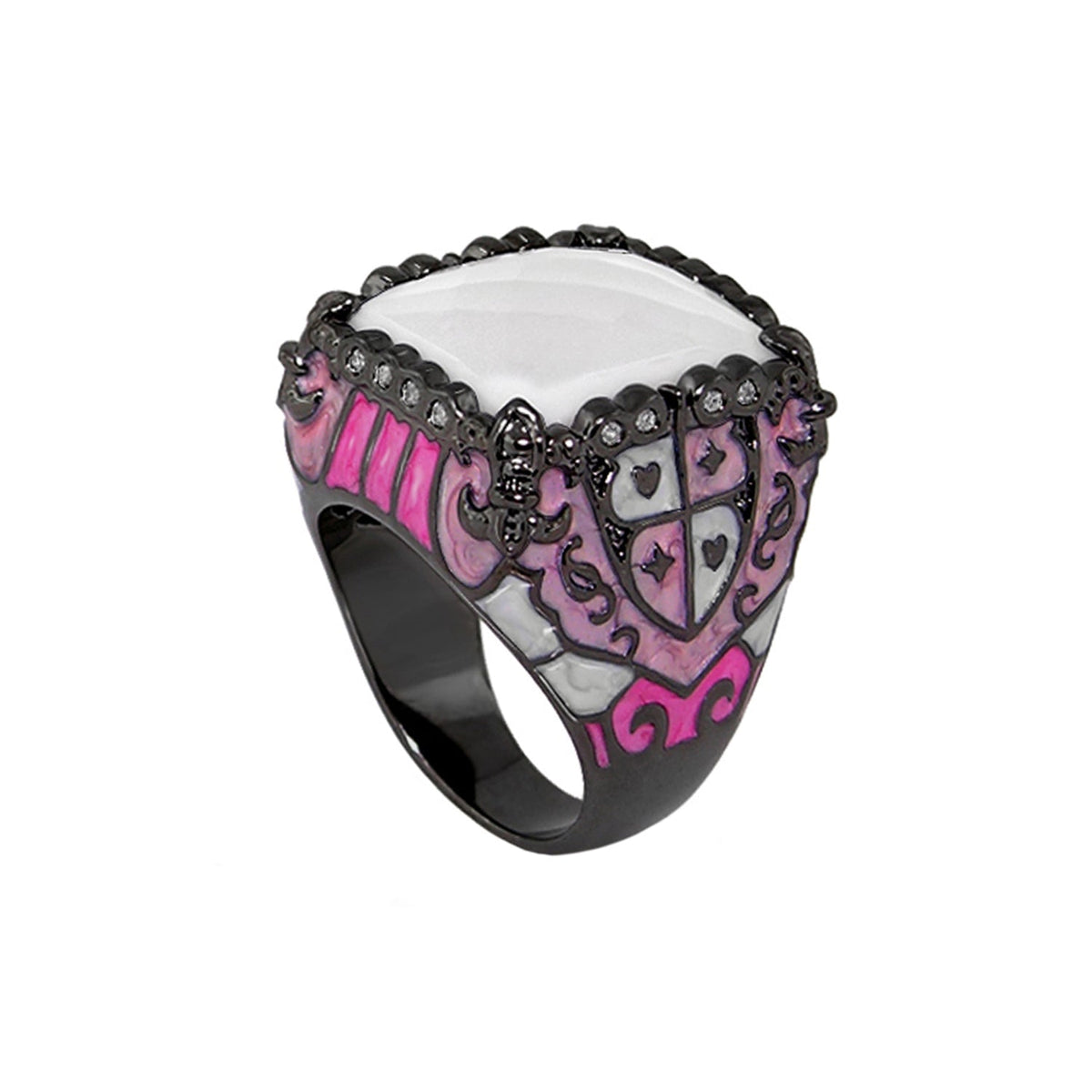 Knights of Love cocktail ring by Lauren G Adams with white stone and pink enamel on black band on Tampa Home & Garden Store