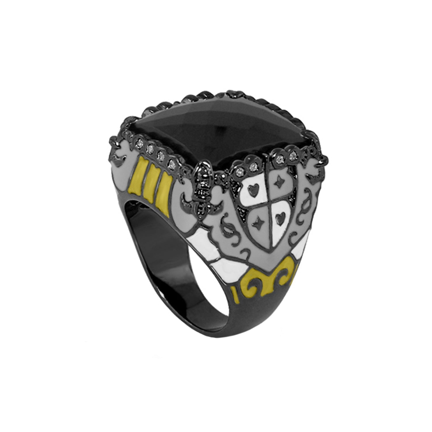 Knights of Love cocktail ring by Lauren G Adams; black onyx with shield crest and yellow enamel on Tampa Home & Garden Store
