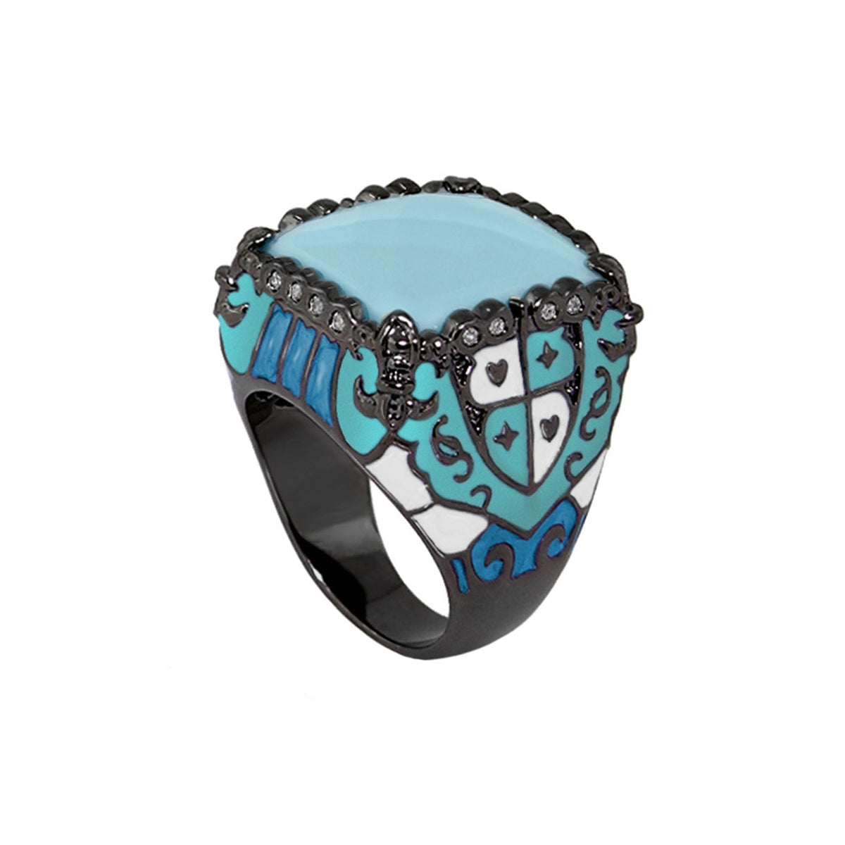 Knights of Love cocktail ring by Lauren G Adams, turquoise enamel shield with crystal border on Tampa Home & Garden Store