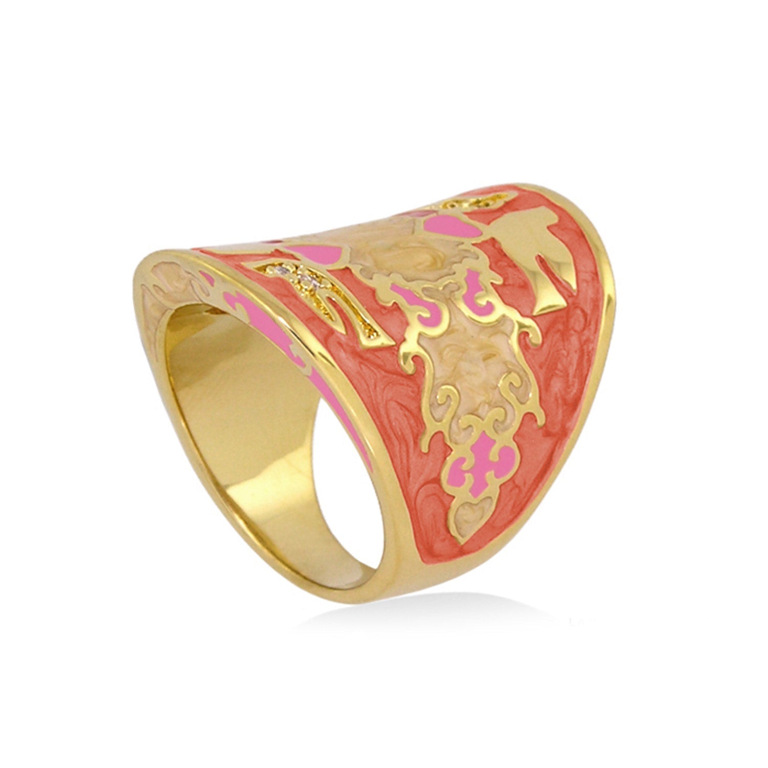 Peaceful Love Ring, Lauren G Adams statement ring in pink enamel with gold filigree on Tampa Home & Garden Store