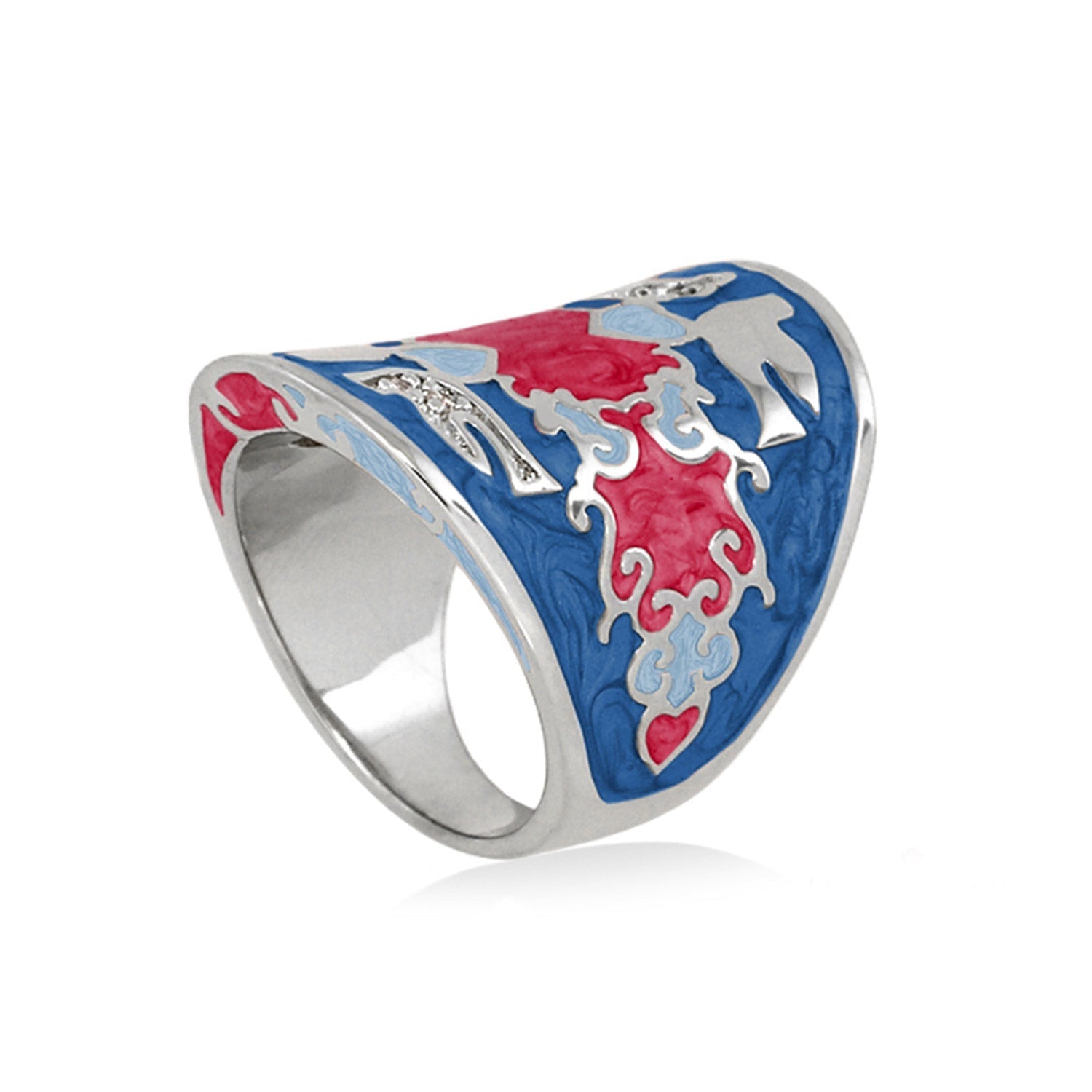 Peaceful Love Ring by Lauren G Adams, blue and red enamel statement ring with silver band on Tampa Home & Garden Store