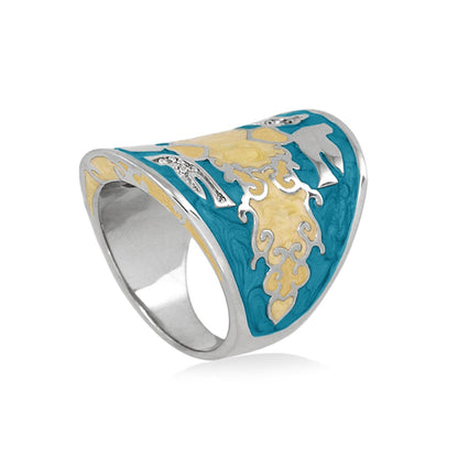Peaceful Love Ring by Lauren G Adams, turquoise enamel with yellow-gold scrollwork on silver on Tampa Home & Garden Store