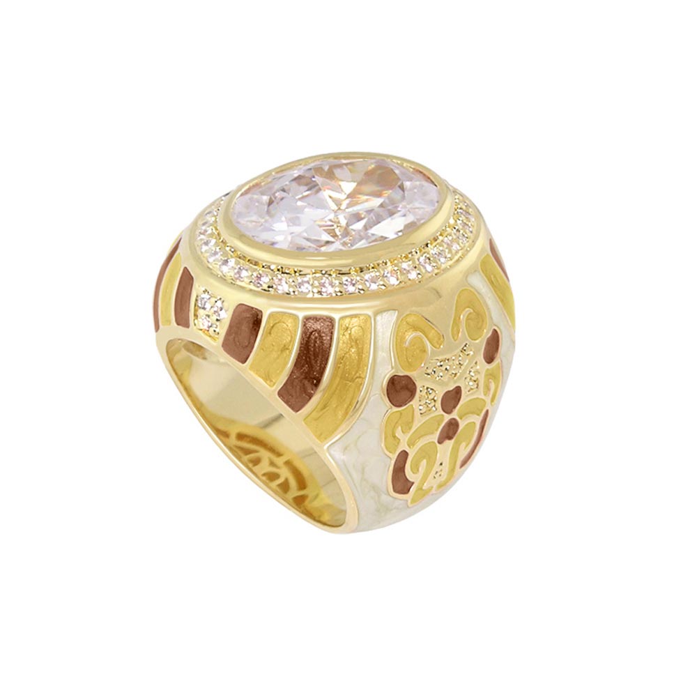 Psychedelic Swirls Cocktail Ring, gold-tone enamel mosaic sides, large clear center stone on Tampa Home & Garden Store