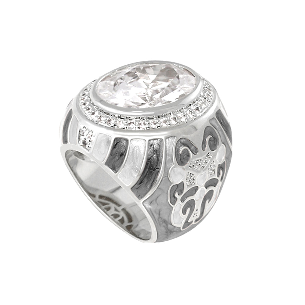 Psychedelic Swirls Cocktail Ring with large clear center gem and pave halo in silver on Tampa Home & Garden Store