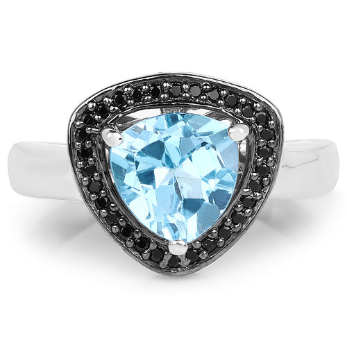 Ring with triangle-cut blue topaz centerpiece and black diamond halo in .925 silver by Bids.com on Tampa Home & Garden Store